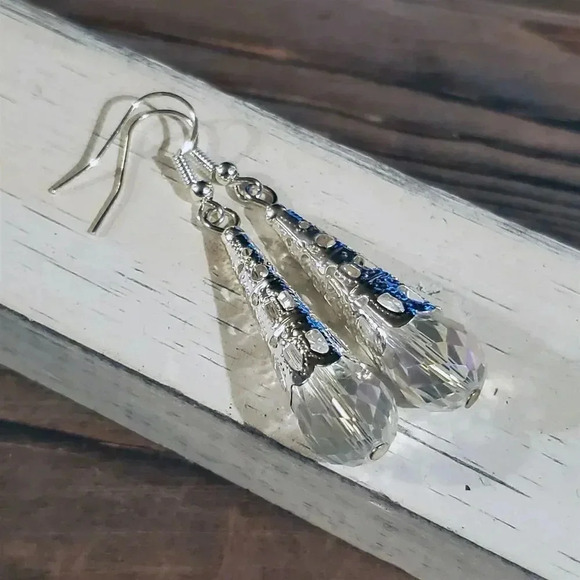 Handcrafted Caged Filigree Faceted Clear Crystal Silver Teardrop Earrings - Picture 6 of 7